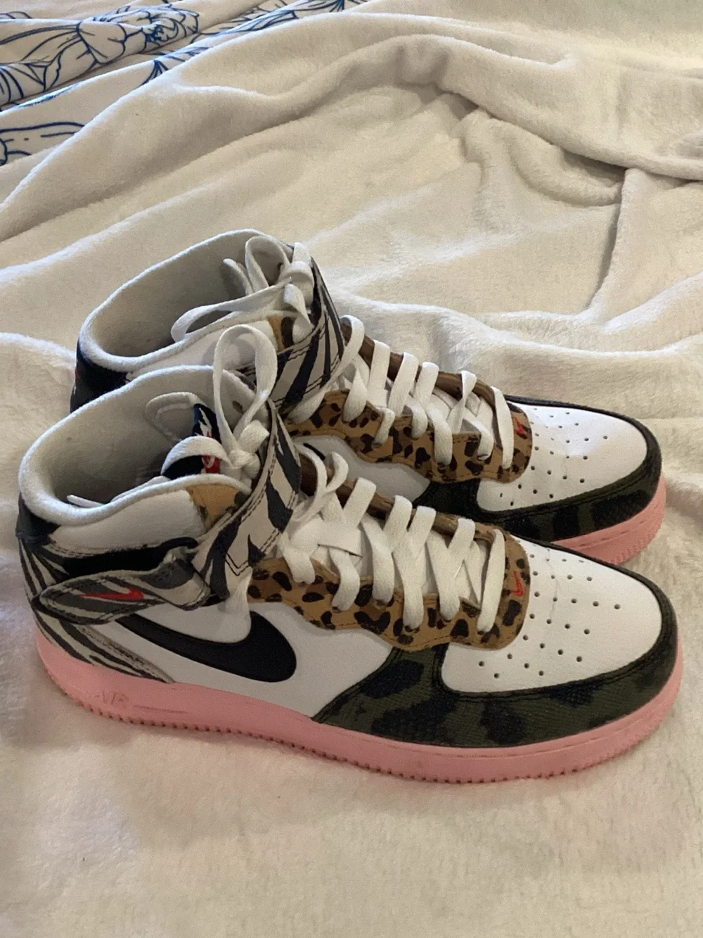 Nike High-Top Sneakers in White, Black, Pink with Camouflage & Zebra Accents
